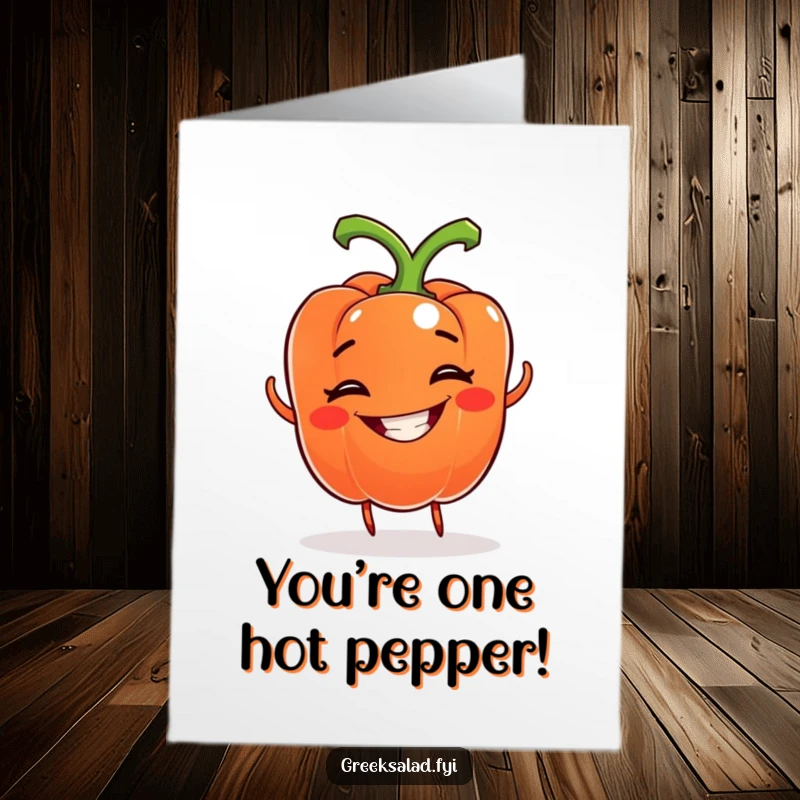 Funny Free Printable bell pepper congratulations card, a grinning pepper with a whimsical grin doing a spin, celebrating success with vibrant energy.