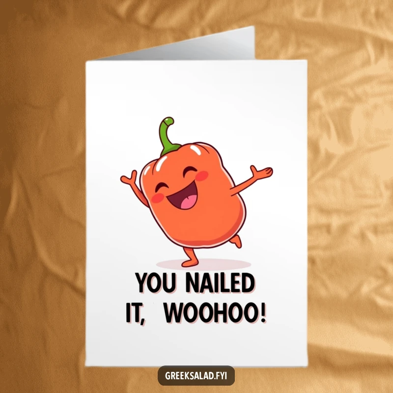Funny Free Printable Congratulations Card: Jubilant bell pepper doing a cartwheel, celebrating victory with zest.