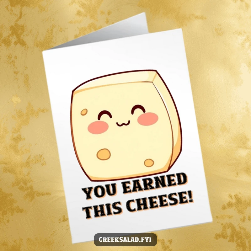 Funny Free Printable Congratulations Card showing a shy feta cheese block blushing, conveying a sweet and slightly awkward congratulatory message.