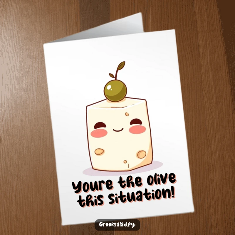 Funny Free Printable Congratulations Card: Blushing feta cheese cube balancing an olive, signifying a perfect achievement.