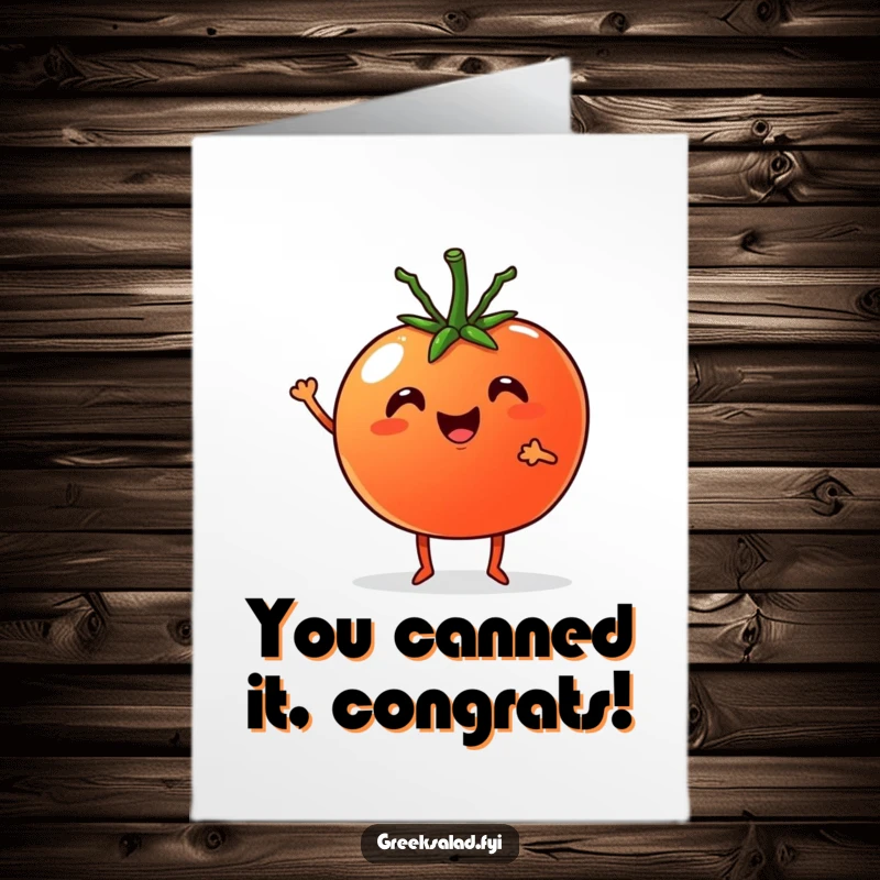 Funny Free Printable Congratulations Card: A cheerful tomato with tiny legs and a cucumber enthusiastically cheer, celebrating a great achievement.