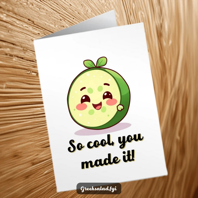 Funny Free Printable Congrats Card: Cucumber slice character offering a cool, refreshing smile, celebratory art.