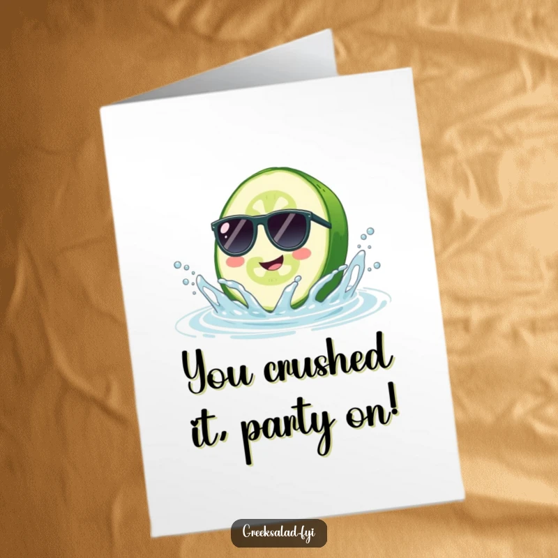 Funny Free Printable Congratulations Card: Cucumber slice in sunglasses splashing, celebrating success with cool vibes.