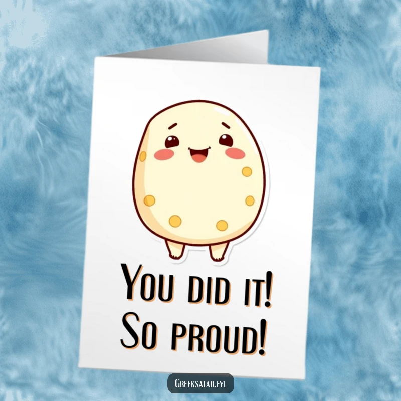 Funny Free Printable Congratulations Card: A proud feta cheese character beaming, ideal for DIY.