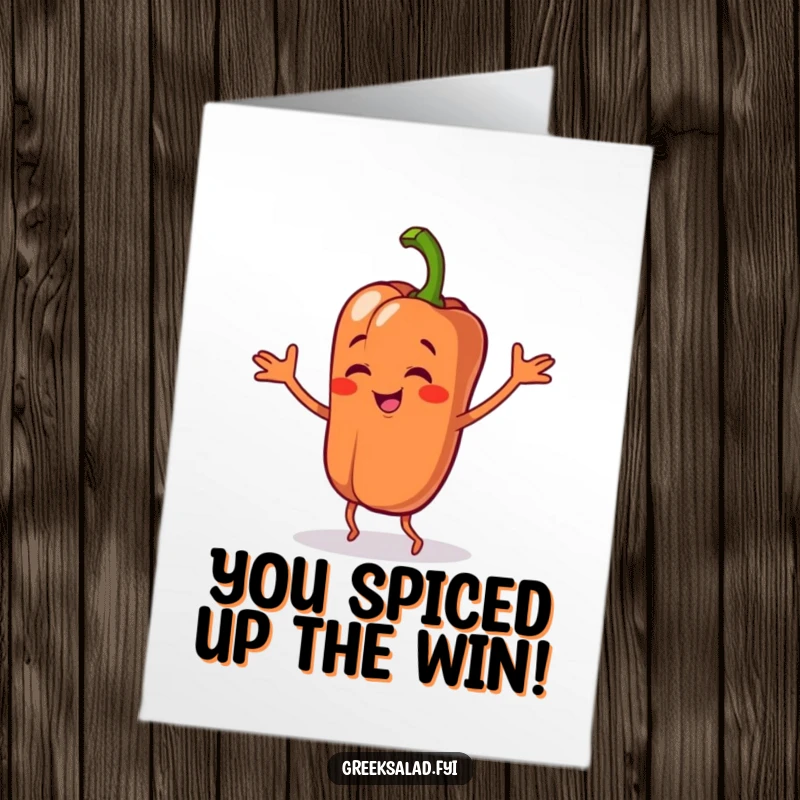 Funny Free Printable Congratulations Card: A bell pepper character doing a goofy dance, celebrating achievements with veggie vigor.
