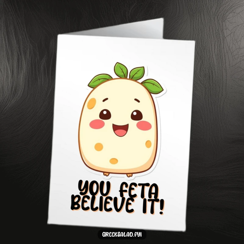 Funny Free Printable Congratulations Card: A smiling block of feta cheese, conveying cheesy congratulations and good vibes.