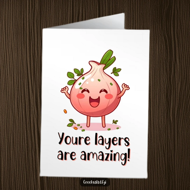 Funny Free Printable Congrats Card: Grinning red onion ring character wiggling with herbs, zesty congratulations art.