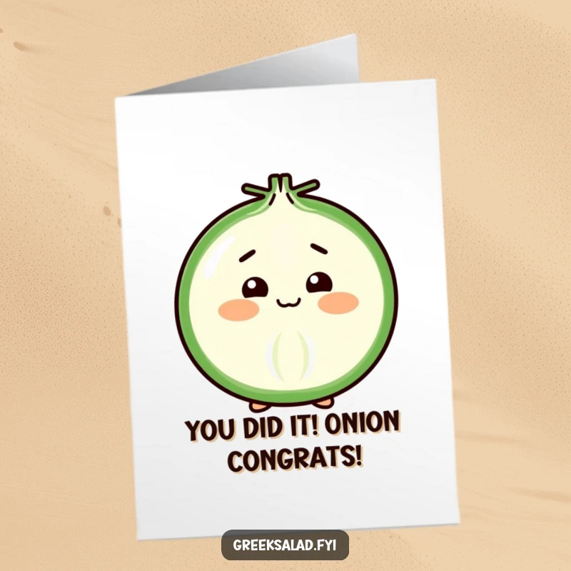 Funny Free Printable Congratulations card showing a cheerful onion slice performing a shy, polite bow with a comical, endearing demeanor.
