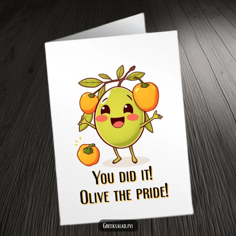 Funny Free Printable Congratulations Card showing a cheerful olive expertly juggling bright bell peppers in celebration.