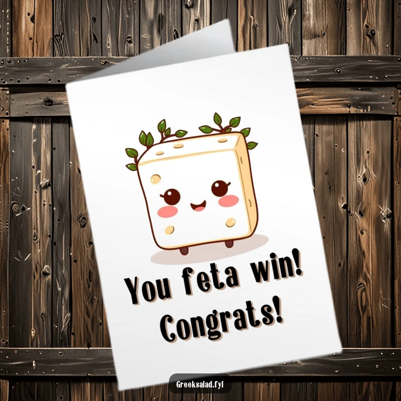 Funny Free Printable Feta Cheese Congratulations Card: Joyful cube with laurel wreath celebrating success, a hilarious greeting.