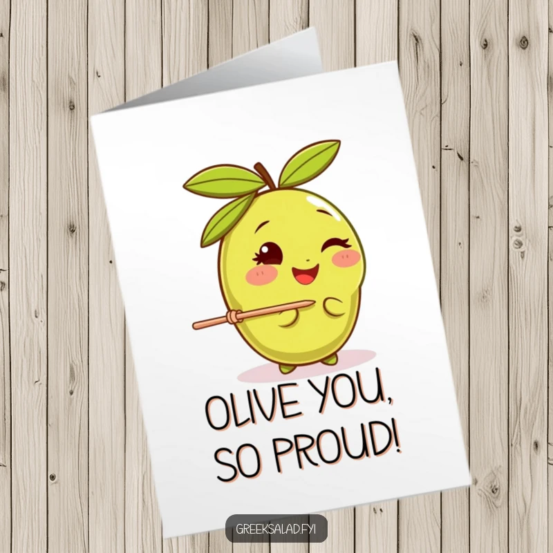 Funny Free Printable olive congratulations card, a happy olive winking and balancing a toothpick, celebrating achievements with cool humor.