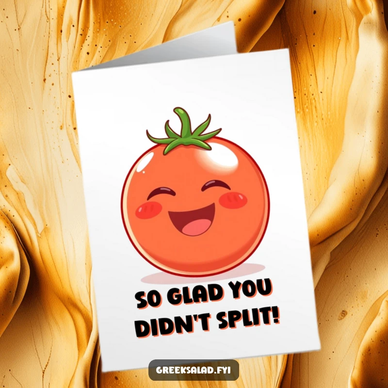 Funny Free Printable tomato congratulations card, a joyful tomato with a rosy blush rolling with laughter, celebrating success with hearty chuckles.