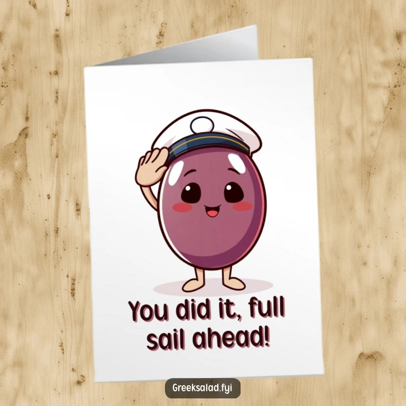 Funny Free Printable Congratulations Card: Cheerful Kalamata olive wearing a sailor hat, giving a salute of success.