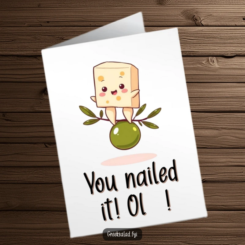 Funny Free Printable Congrats Card: Feta Cheese Comically Balancing on an Olive, Triumphant and Hilarious