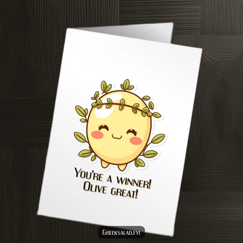 Funny Free Printable Congratulations Card: Cheeky olive in a laurel wreath, a triumphant and humorous downloadable design.