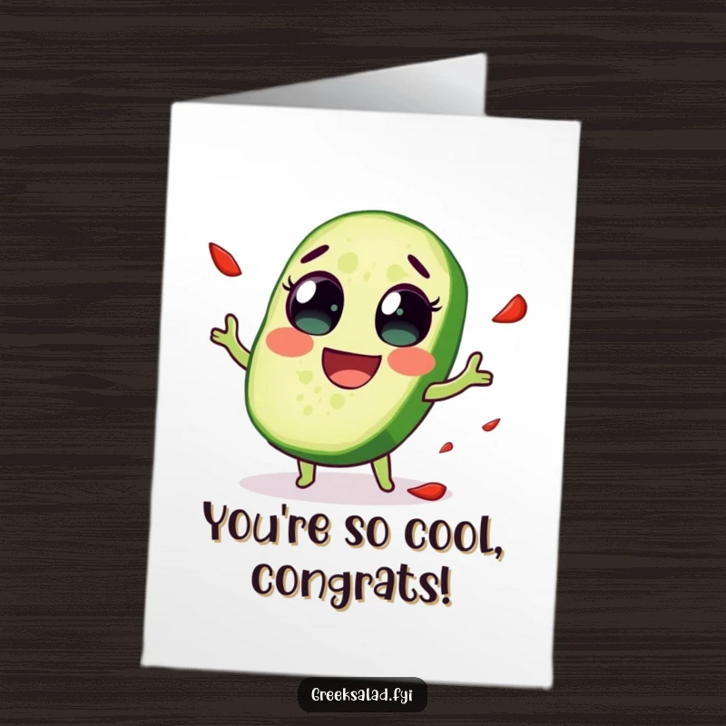 Funny Free Printable cucumber congratulations card, a delighted slice with wide eyes juggling red pepper flakes, celebrating achievements with playful chaos.