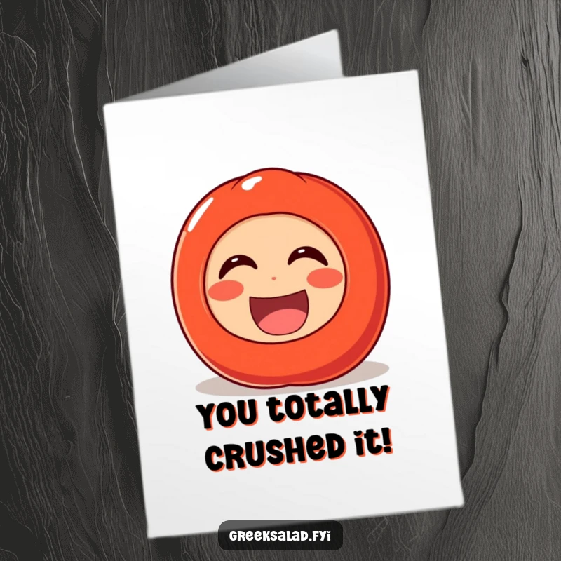 Funny Free Printable Congratulations Card featuring a cheerful tomato rolling on the ground with laughter, signifying immense joy and success.
