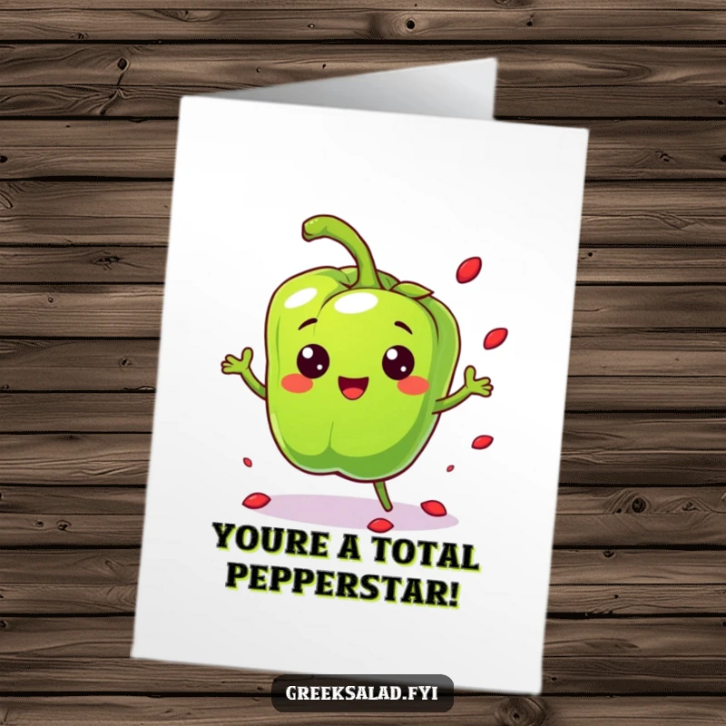 Funny Free Printable Congrats Card: Bell pepper character with playful bounce and scattering seeds, energetic congratulations art.