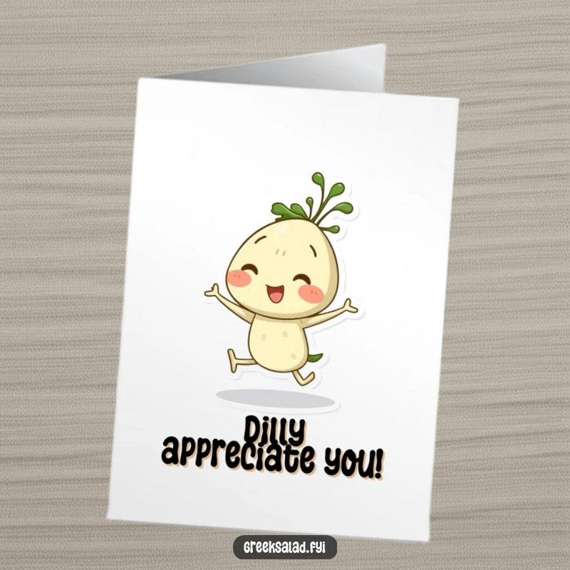 Funny Free Printable Thank You Card with a happy dill sprig character mid-hop, conveying cheerful gratitude and a lighthearted thank you.