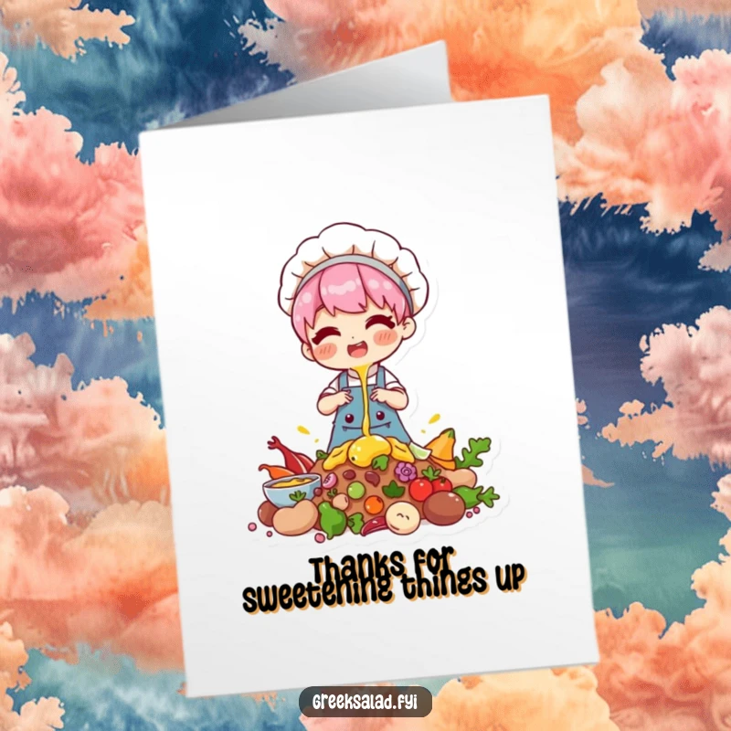 Funny Free Printable thank you card displays a character happily drizzling over a pile of ingredients, a sweet and cheerful way to say thank you.