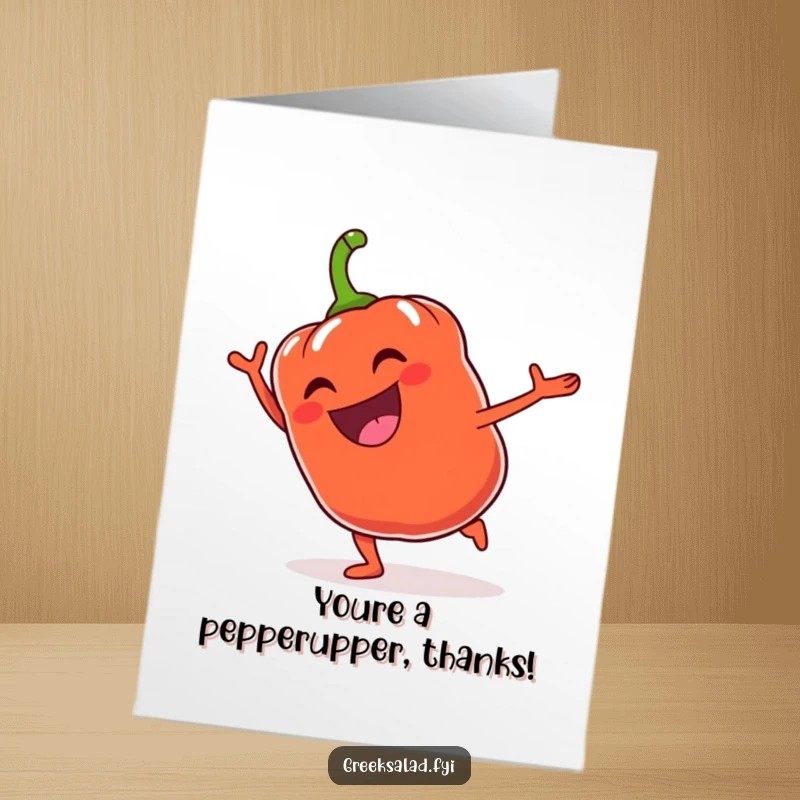 Funny Free Printable Thank You Card: Jubilant bell pepper doing a cartwheel, conveying thanks with vibrant energy.