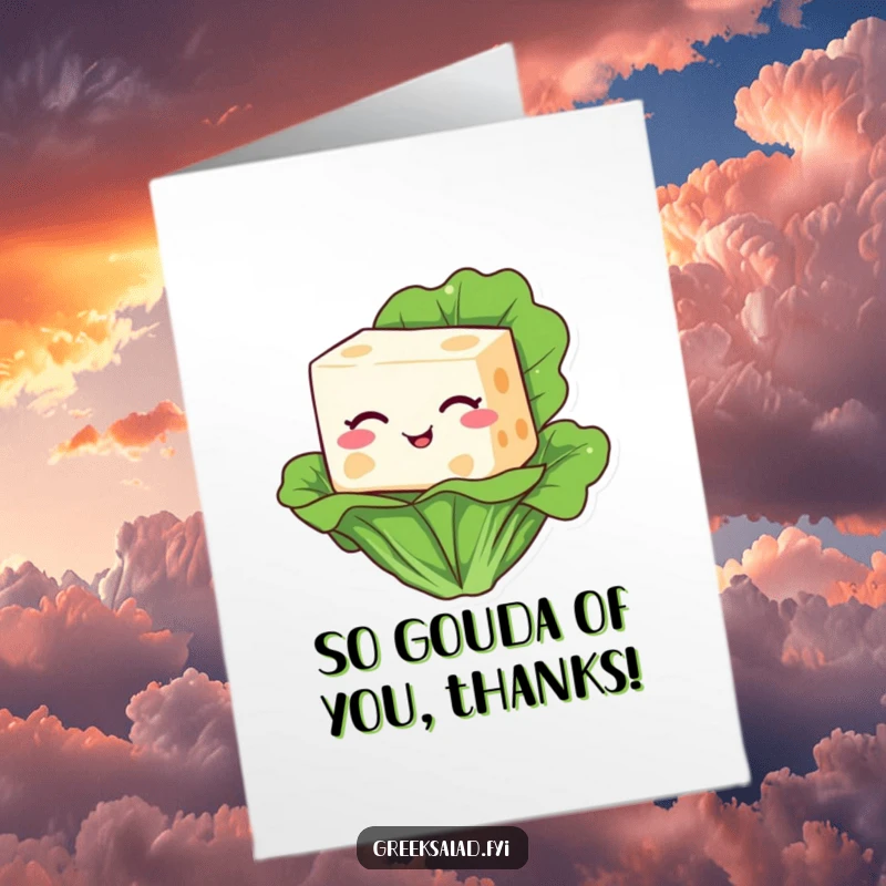 Funny Free Printable Thank You Card featuring a delighted feta cheese block winking from its lettuce perch.