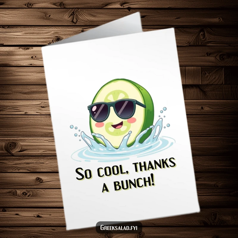 Funny Free Printable Thank You Card: Cucumber slice in sunglasses splashing, conveying thanks with cool style.