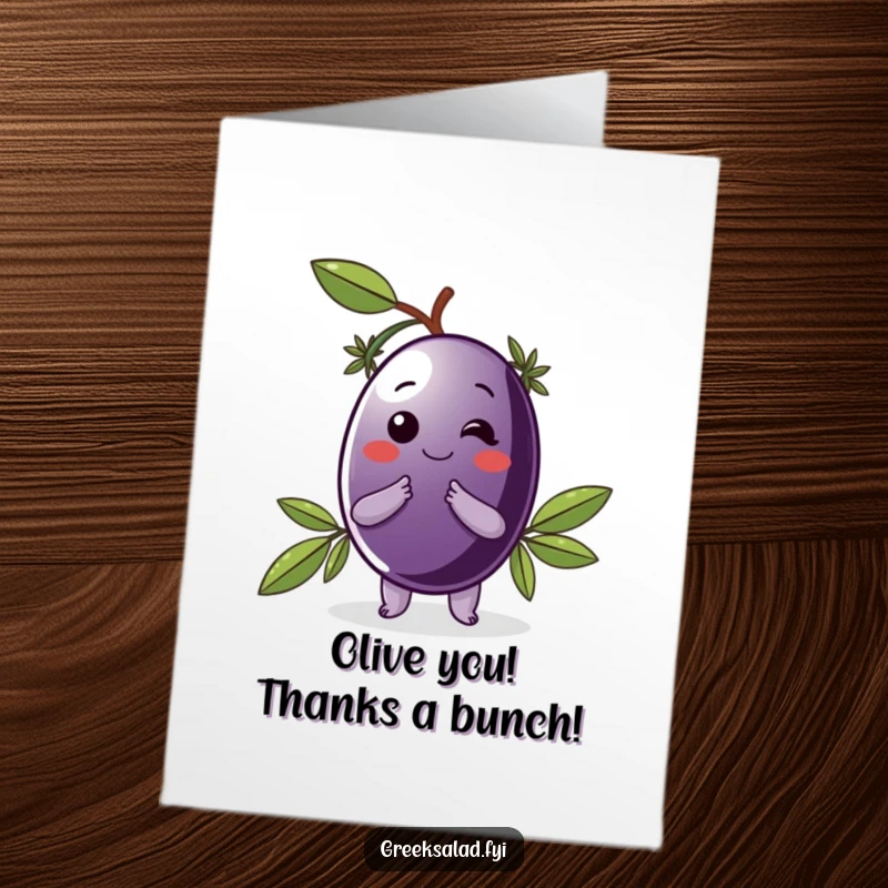 Funny Free Printable Thank You Card: a Kalamata olive wearing a laurel wreath performs a graceful bow, thanking warmly.