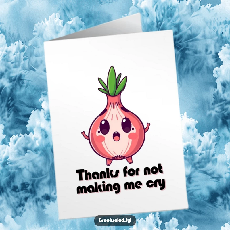 Funny Free Printable Thank You Card: Red onion with a surprised expression and expanding rings, a humorous thank you design.