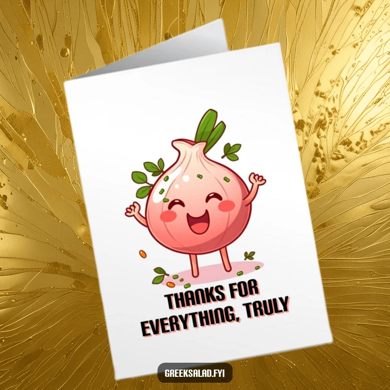 Funny Free Printable Thank You Card: Herb-sprinkled red onion ring character wiggling joyfully, savory thanks art.