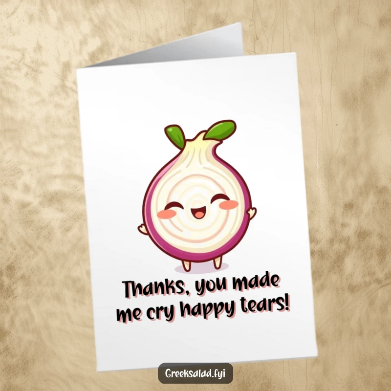 Funny Free Printable Thank You Card: A giggling red onion slice spinning, perfect for DIY thanks.