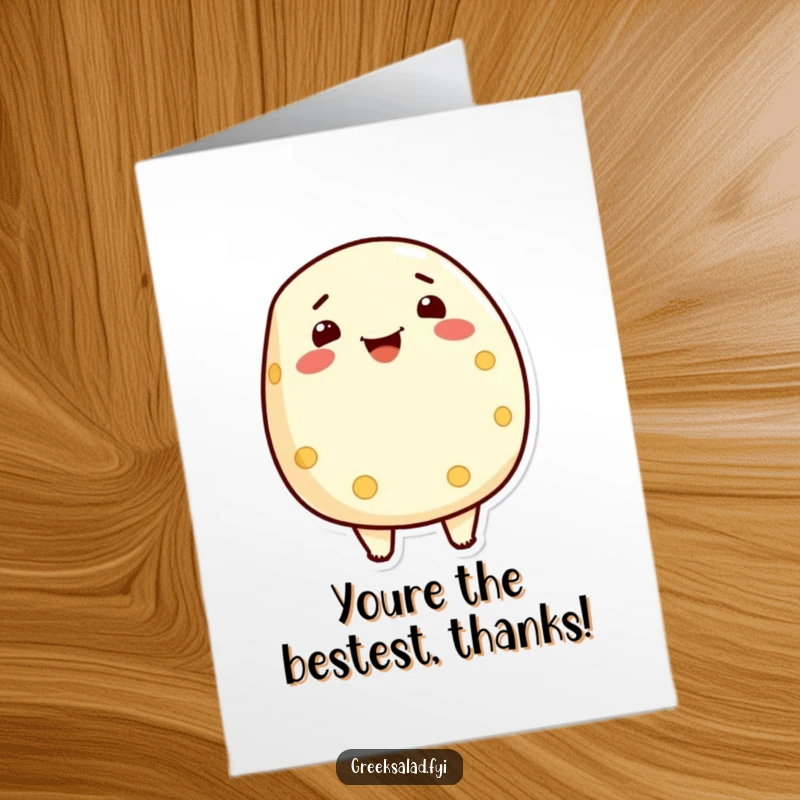 Funny Free Printable Thank You Card: A proud feta cheese character smiling, perfect for DIY thanks.