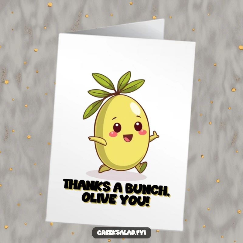 Free Printable Thank You Card: A playful Greek olive character rolling around happily, a fun way to express thanks.