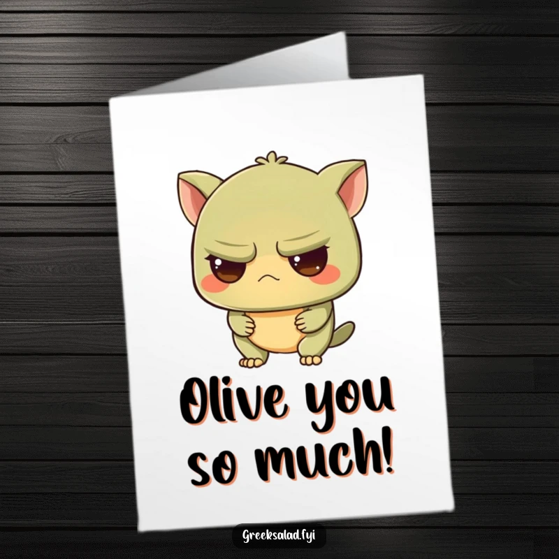 Funny Free Printable Thank You Card featuring a grumpy olive with an intrigued gaze, expressing gratitude in a uniquely subtle and humorous way.