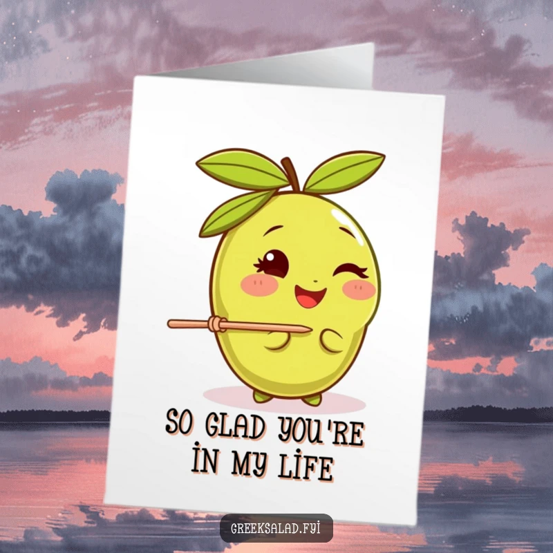 Funny Free Printable olive thank you card, a happy olive winking and balancing a toothpick, a stylish way to say thanks.