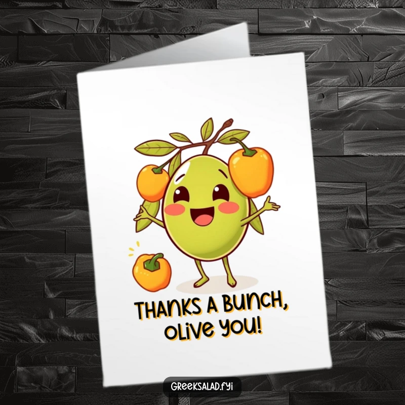 Funny Free Printable Thank You Card depicting a happy olive juggling vibrant bell peppers with impressive skill.