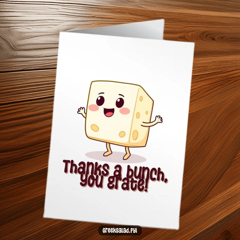 Funny Free Printable Feta cheese thank you card, a gleeful cube smiling wide and dancing a jig, expressing thanks with cheesy joy.