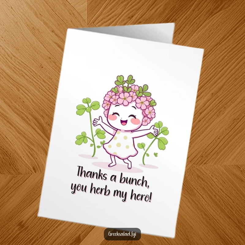 Funny Free Printable thank you card: A gleeful oregano sprig busting a move to say thanks. A unique and humorous way to show gratitude.