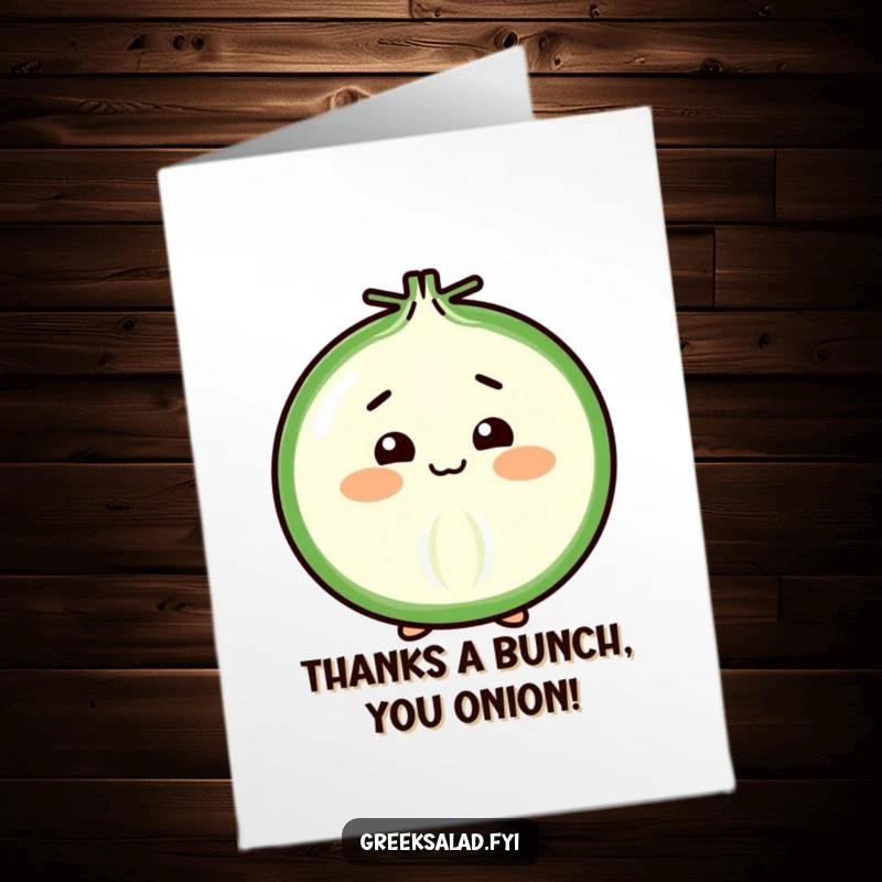 Funny Free Printable Thank You card displaying a cheerful onion slice in a bashful, humorous bow, perfect for expressing gratitude.