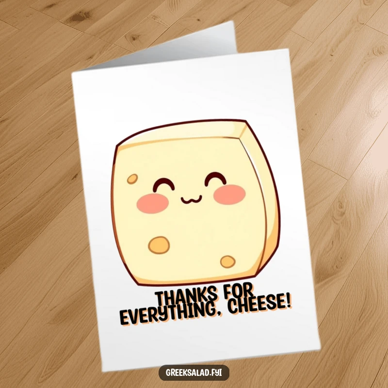 Funny Free Printable Thank You Card with a shy feta cheese block blushing, expressing gratitude in a cute and bashful manner.