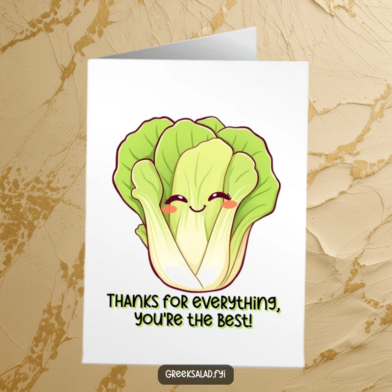 Funny Free Printable thank you card: A cheerful romaine lettuce leaf giggling and waving, perfect for expressing thanks in a unique way.