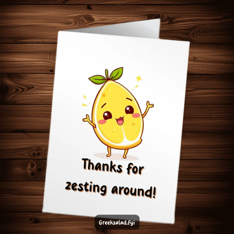 Funny Free Printable Thank You Card featuring a smiling lemon wedge character wiggling its zest, offering a bright and zesty thank you.
