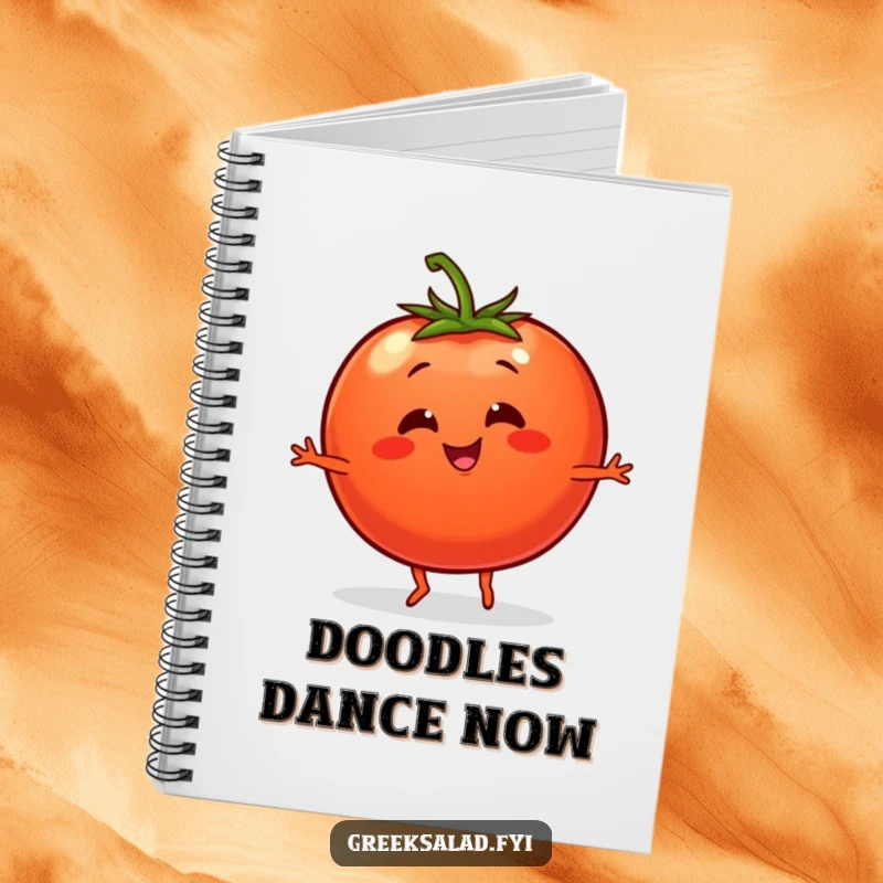 Funny notebook with a smiling tomato character with tiny legs doing a lively dance, great for notes.