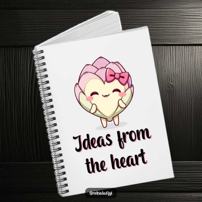 Funny delighted artichoke heart character in a happy bow, notebook for journaling and notes.