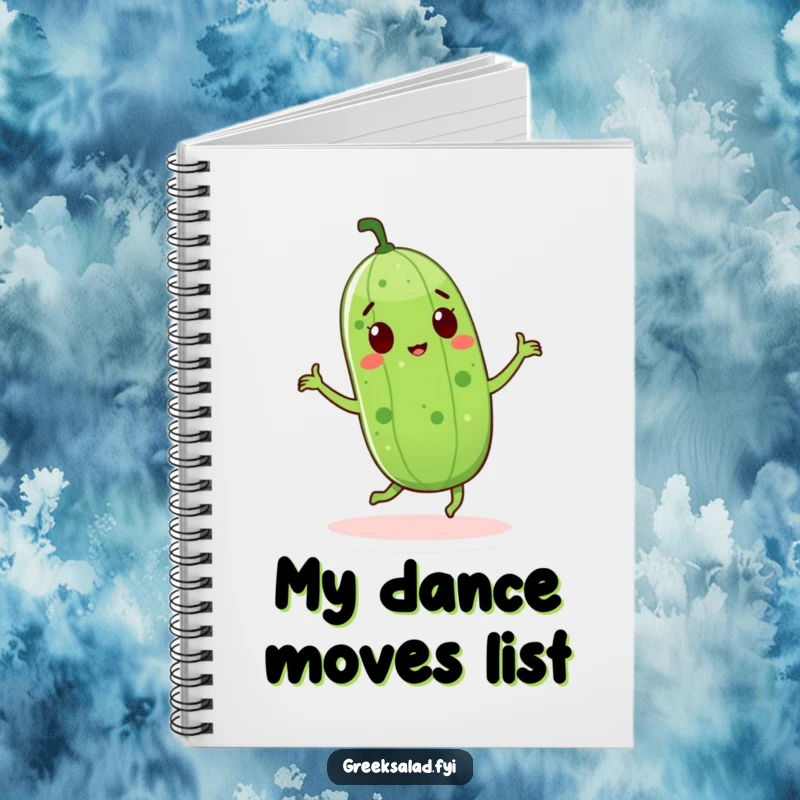 Funny cucumber character dancing on a notebook cover, encouraging lively and humorous note-taking for all your ideas.