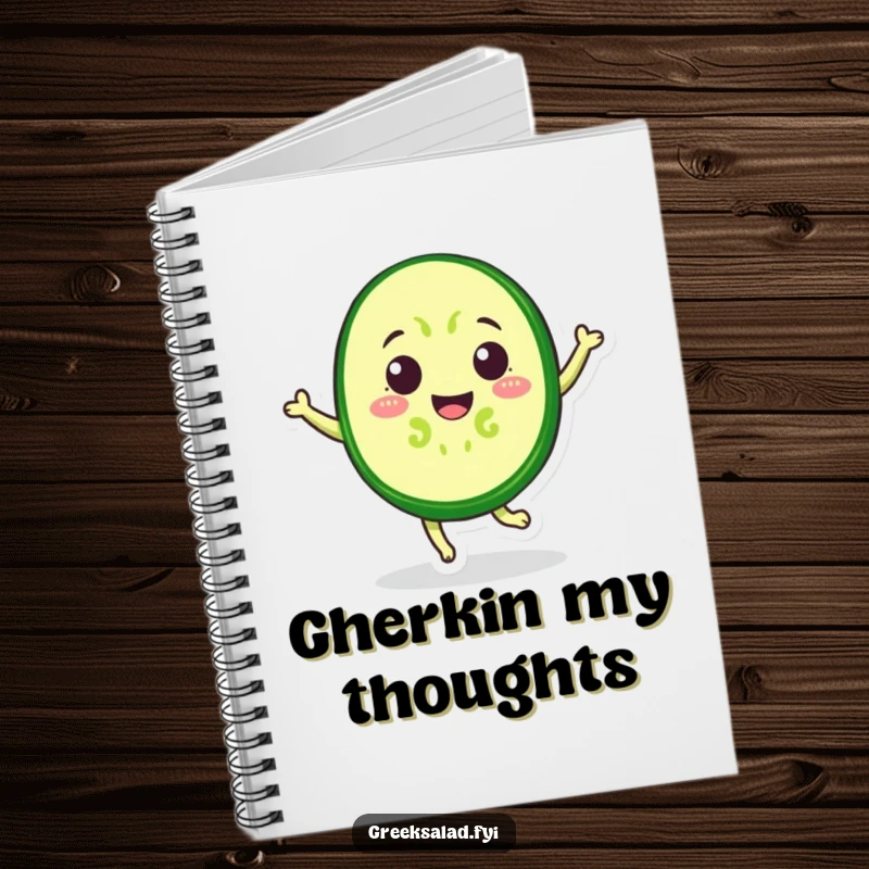 Funny Notebook with a cheerful cucumber slice mid-jump, ready to inspire creative writing and brainstorming sessions.
