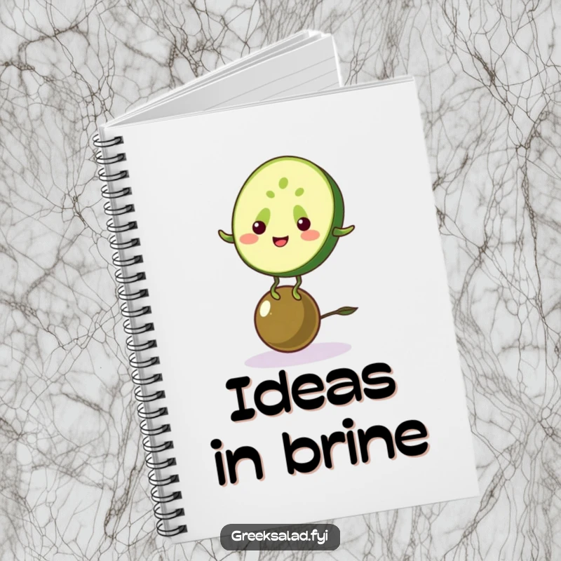 Funny notebook with a cucumber balancing on an olive, perfect for jotting down notes with healthy food humor.
