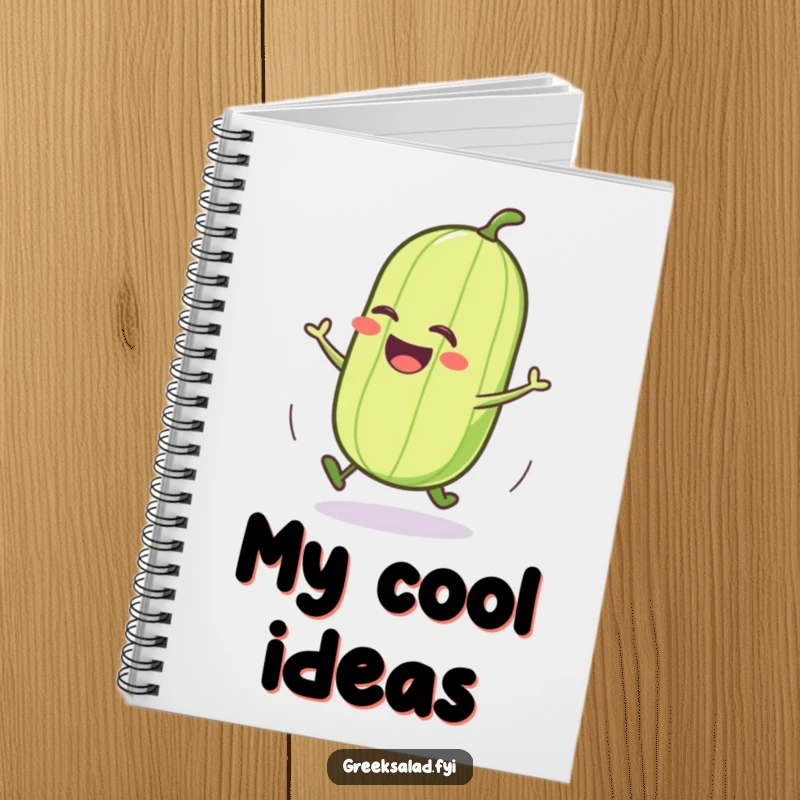 Funny cucumber notebook with a jubilant character rolling, ideal for jotting down notes with a humorous veggie theme.