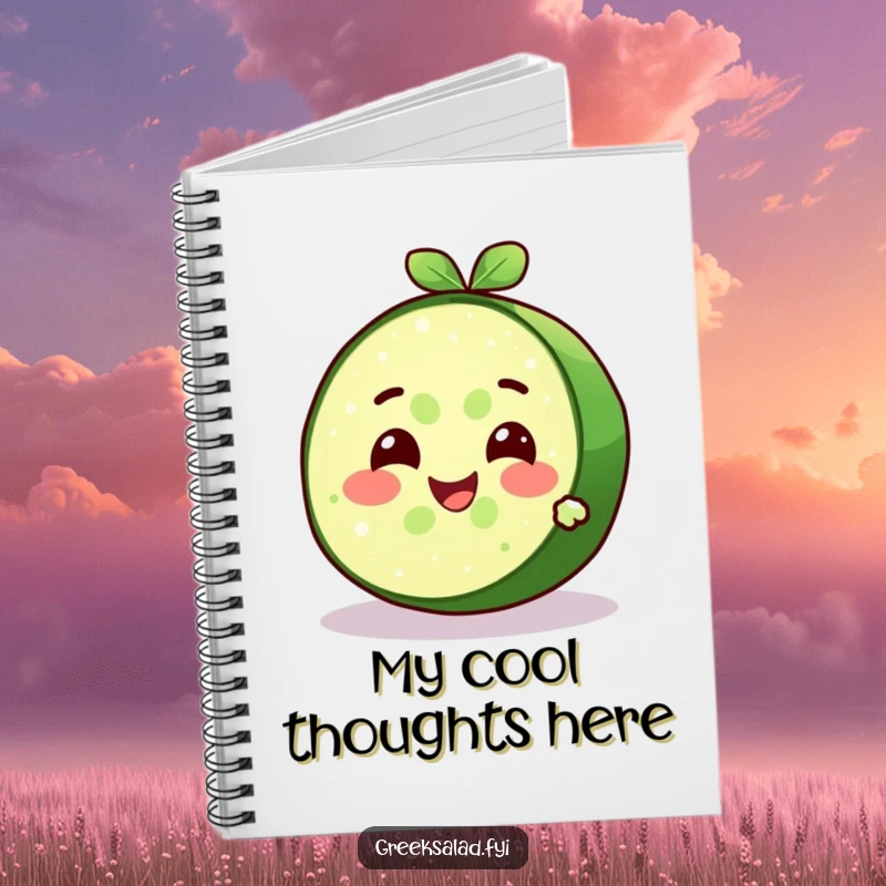 Funny delighted cucumber slice character with a cool expression and refreshing smile on the cover of a humorous notebook.