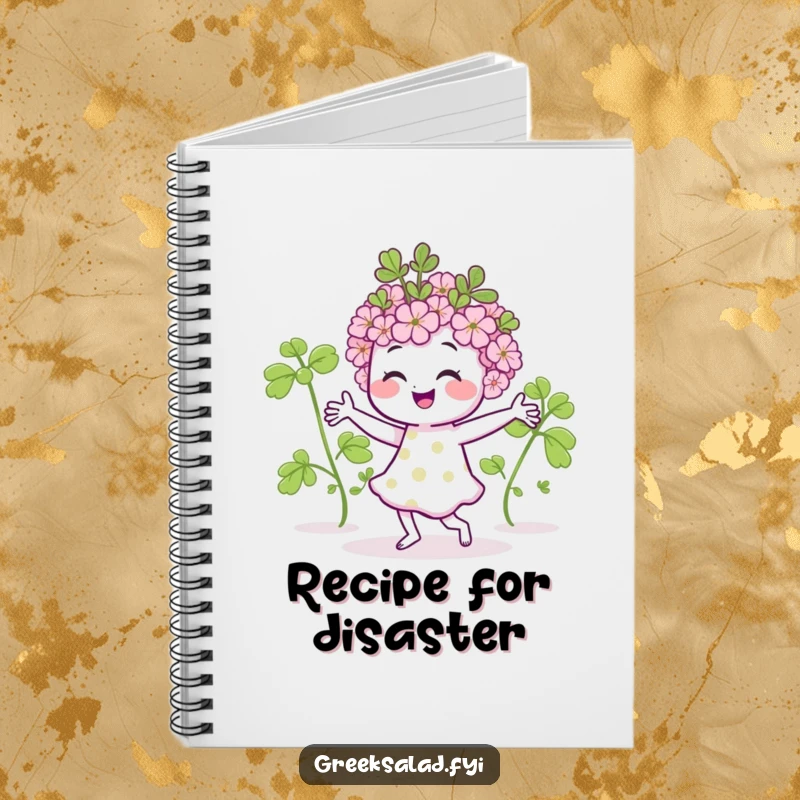 Funny notebook with a smiling oregano sprig dancing, inspiring creative writing and note-taking with a touch of herb humor.
